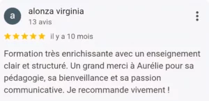 Avis positif d'une élève après une formation, posté sur Google Business