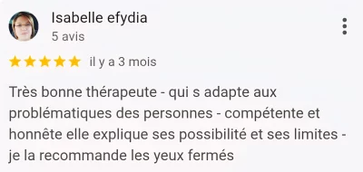 Avis positif d'une cliente après un soin, posté sur Google Business