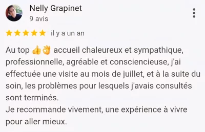 Avis positif d'une cliente après un soin, posté sur Google Business